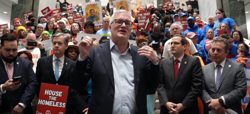 State Sen. Brian Kavanagh speaks at a rally in support of the Housing Access Voucher Program in Albany on March 18, 2025.
